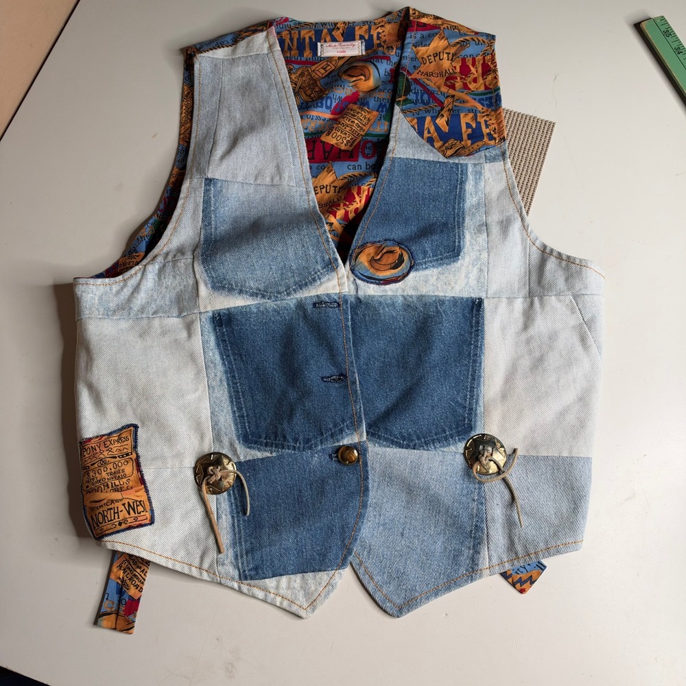 Vintage Handmade Denim Patchwork Western Vest Santa Fe Novelty Print Blue